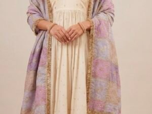 Cream Organza Shimmer Anarkali Suit Set with Flared Skirt & Pastel Embroidered Dupatta