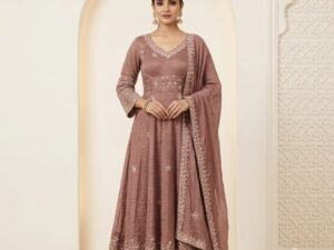 Mauve Crushed Silk Flared Anarkali Gown with Intricate Embroidered Border & Dupatta